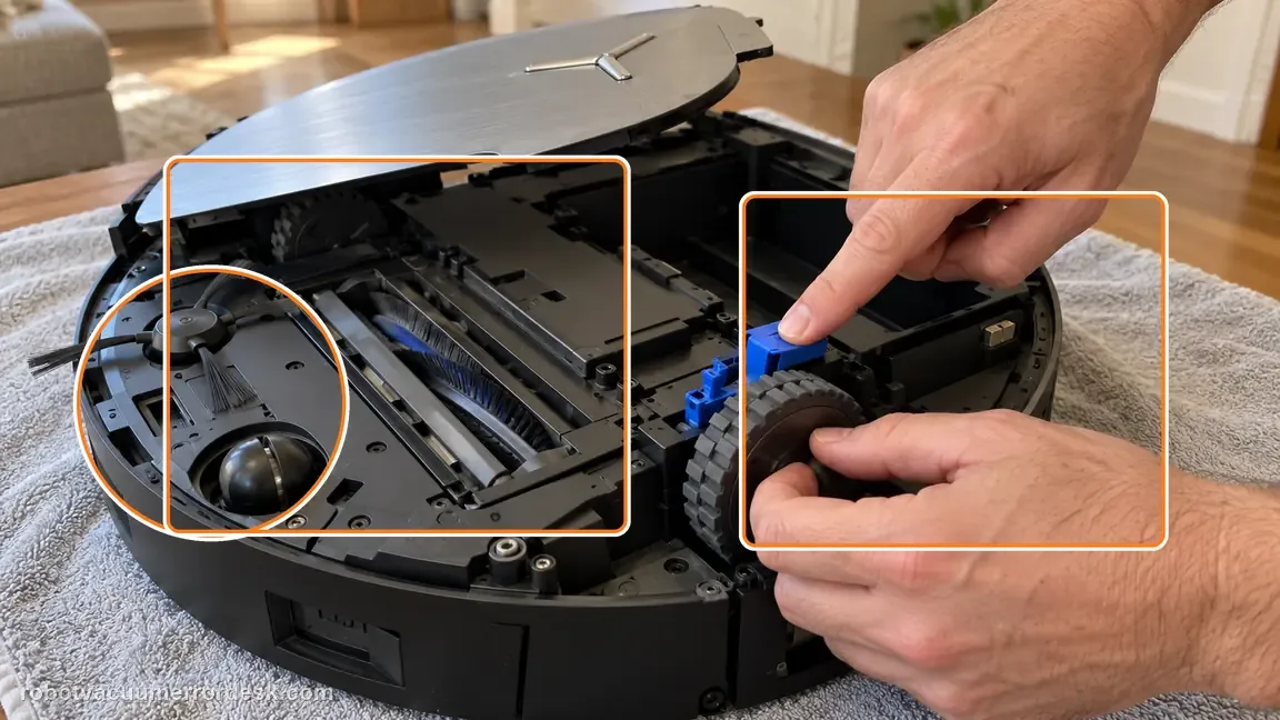 ECOVACS DEEBOT X11 OmniCyclone shown in a close repair view of claw rotation, matching the perform the claw-rotation proof test check.