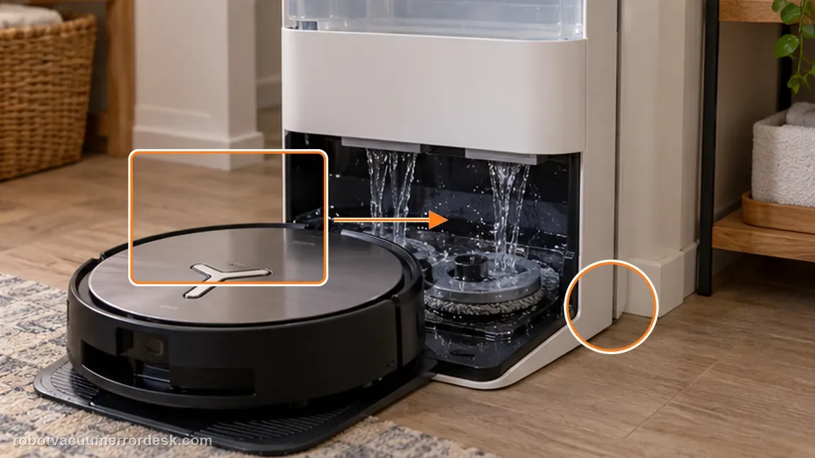 ECOVACS DEEBOT X11 OmniCyclone shown in a close repair view of water flow, matching the run one station water-delivery test after reassembly check.