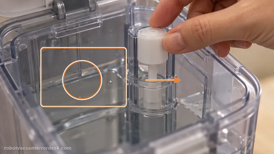 ECOVACS DEEBOT X11 OmniCyclone shown in a close repair view of float check, matching the inspect and reset the float check.