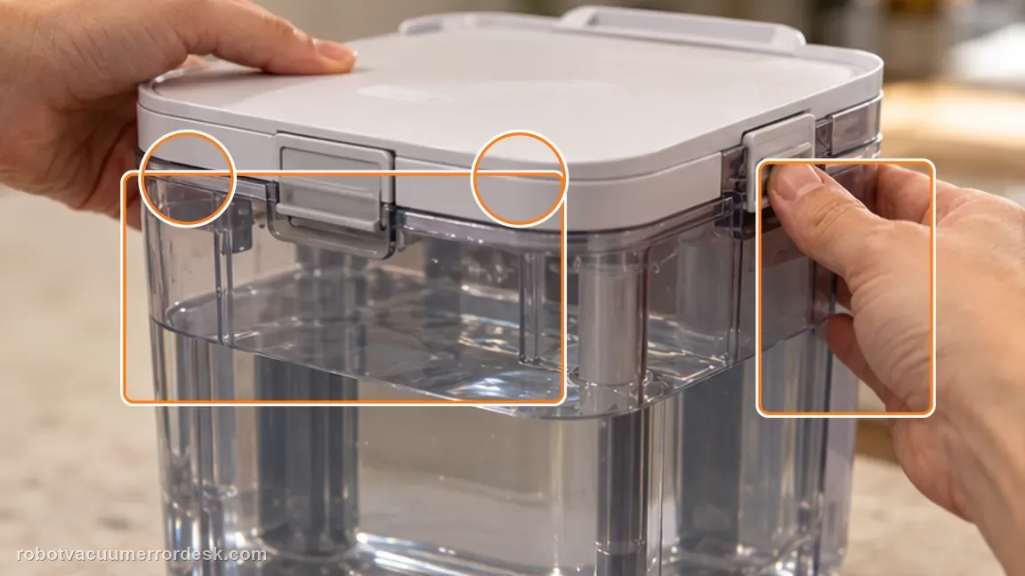 ECOVACS DEEBOT X11 OmniCyclone shown in a close repair view of lid latch, matching the close the lid and every latch check.
