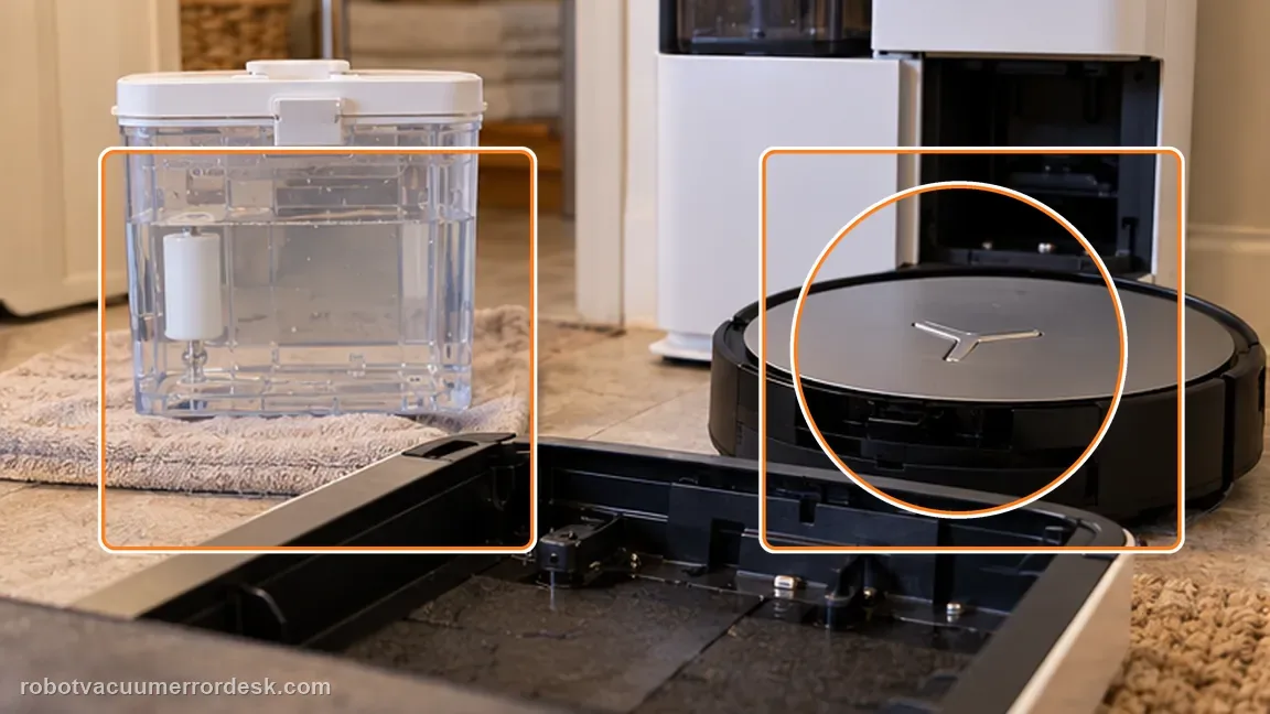 ECOVACS DEEBOT X11 OmniCyclone shown in a close repair view of separate flow alert, matching the separate tank anomaly from station no-flow check.