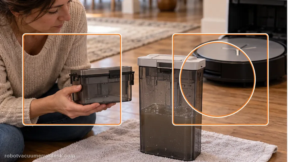 ECOVACS DEEBOT X11 OmniCyclone shown in a close repair view of different box alert, matching the compare with a dirty-water-box alert check.