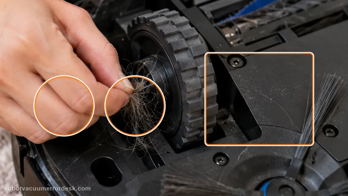 ECOVACS DEEBOT X11 OmniCyclone shown in a close repair view of wheel compare, matching the press and turn each drive wheel check.