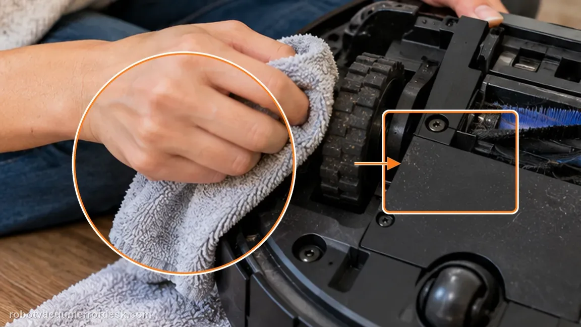 ECOVACS DEEBOT X11 OmniCyclone shown in a close repair view of wheel tread, matching the clean the wheel surfaces check.