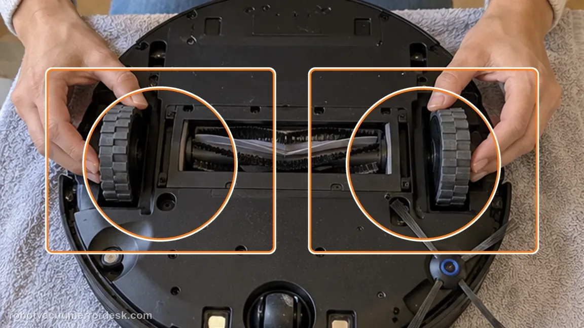 ECOVACS DEEBOT X11 OmniCyclone shown in a close repair view of left right compare, matching the compare left and right wheel response check.