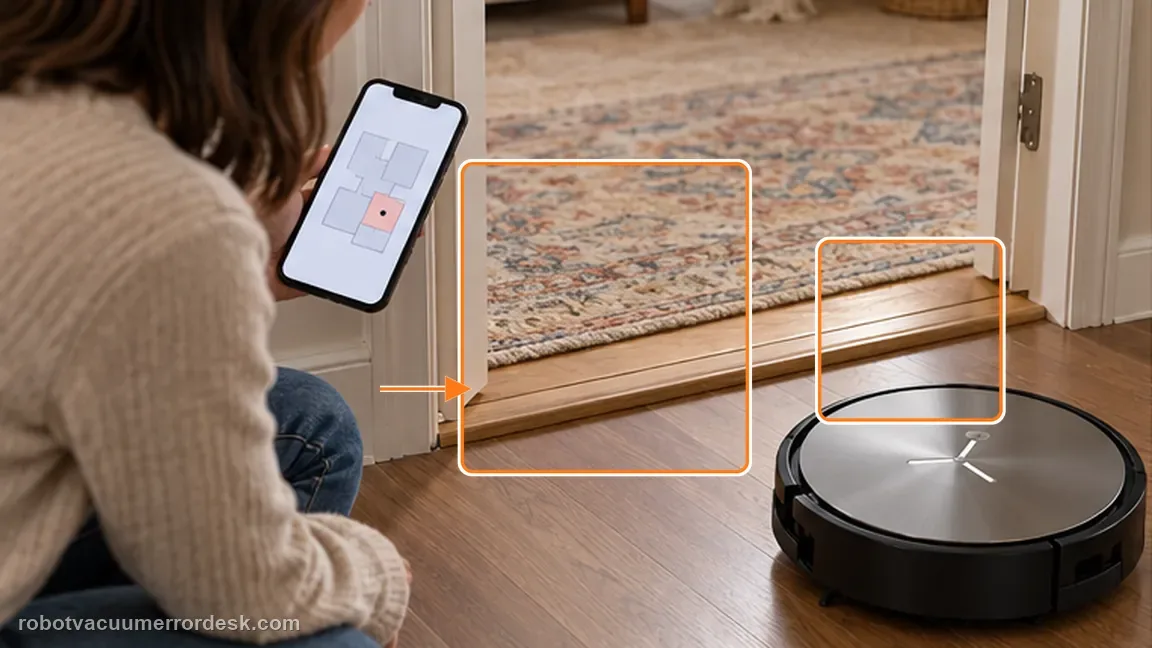 ECOVACS DEEBOT X11 OmniCyclone shown in a close repair view of doorway access, matching the check doorway rugs and the carpet settings → bypass rule check.