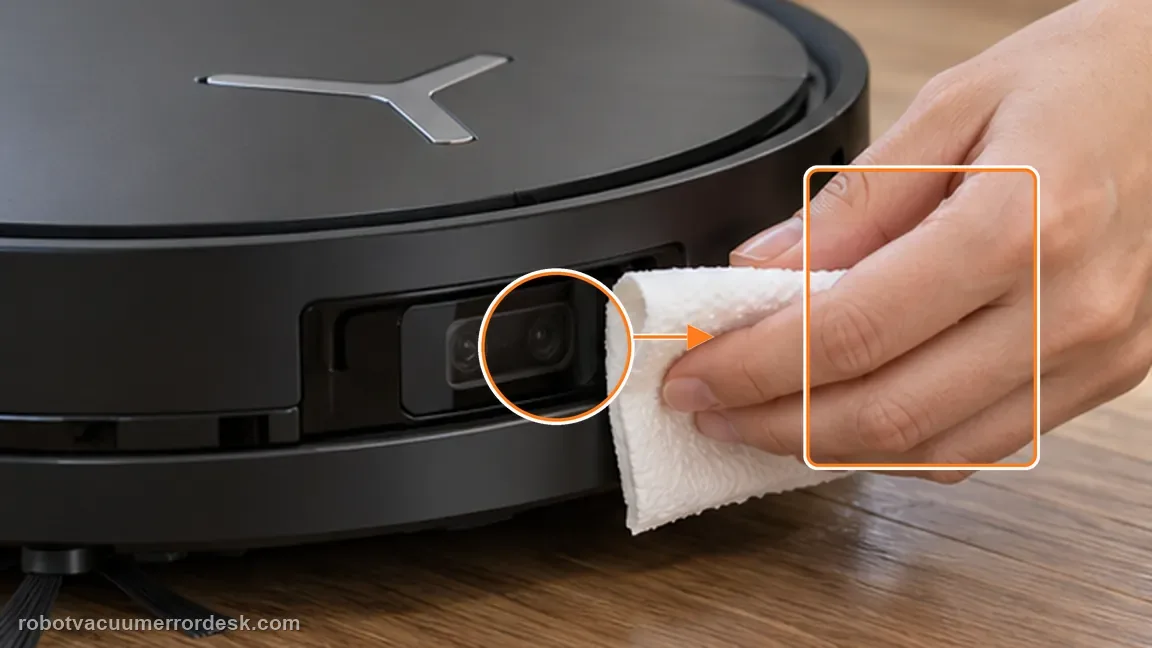 ECOVACS DEEBOT X11 OmniCyclone shown in a close repair view of sensor wipe, matching the clean the front obstacle sensor check.
