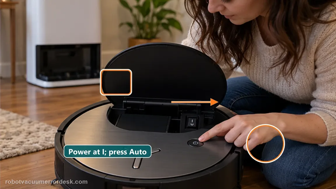 ECOVACS DEEBOT X11 OmniCyclone shown in a close repair view of robot power return, matching the power the robot and test an automatic return check.