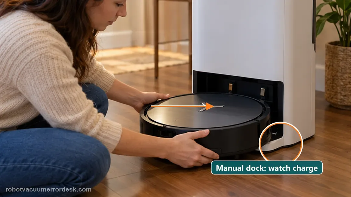 ECOVACS DEEBOT X11 OmniCyclone shown in a close repair view of manual seat, matching the manually dock to isolate the electrical charging path check.