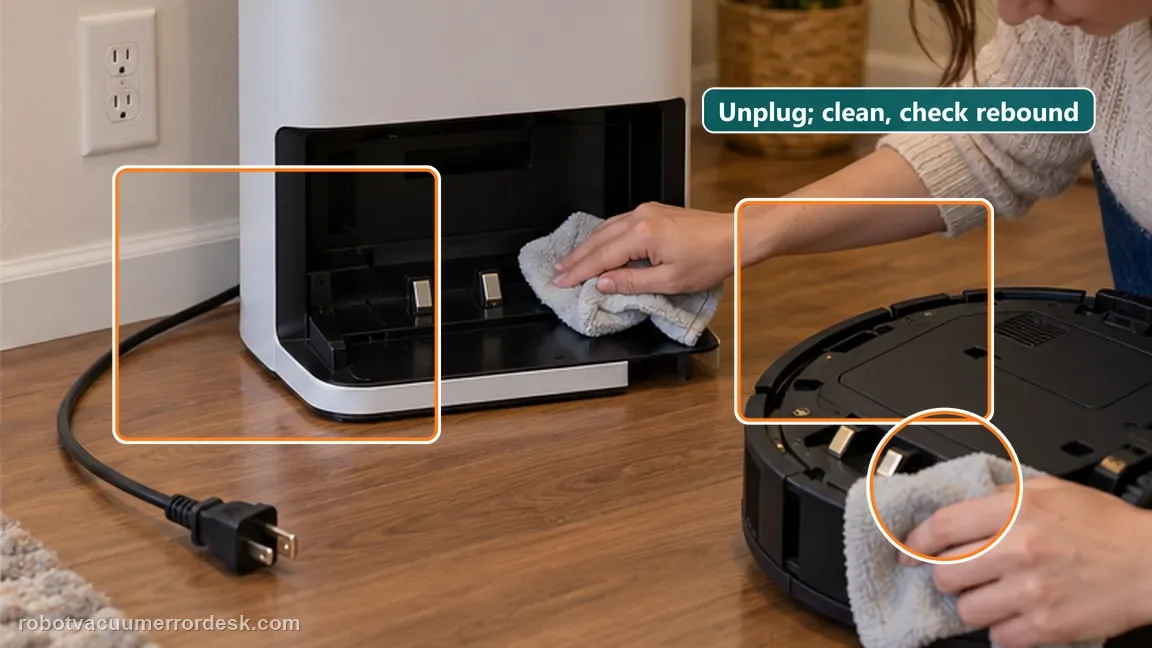 ECOVACS DEEBOT X11 OmniCyclone shown in a close repair view of contact maintenance, matching the clean both contact surfaces and check station-contact rebound check.