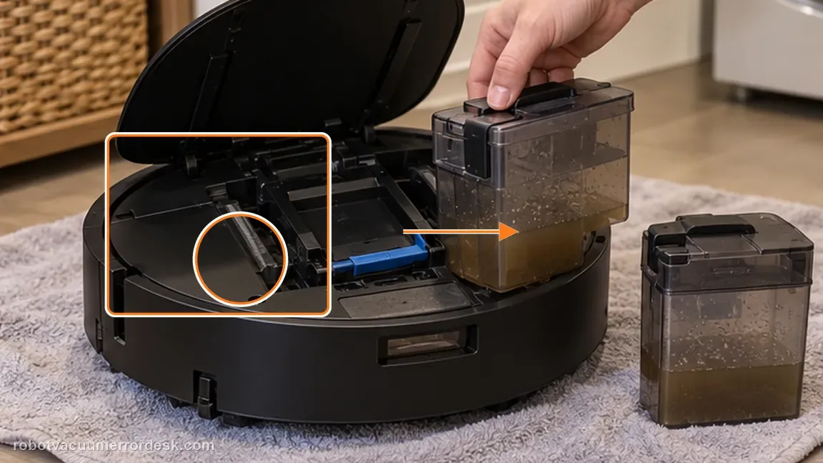 ECOVACS DEEBOT X11 OmniCyclone shown in a close repair view of empty waste tank, matching the remove the dirty-water box before turning the robot over check.