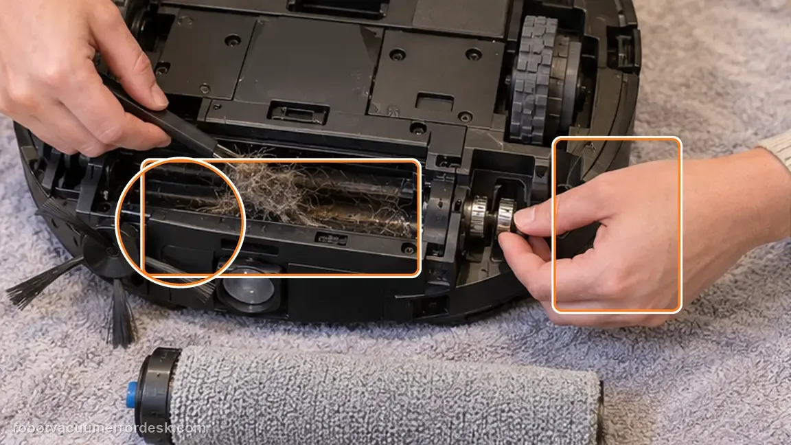 ECOVACS DEEBOT X11 OmniCyclone shown in a close repair view of roller cavity, matching the clean the roller cavity and check motor-bearing movement check.