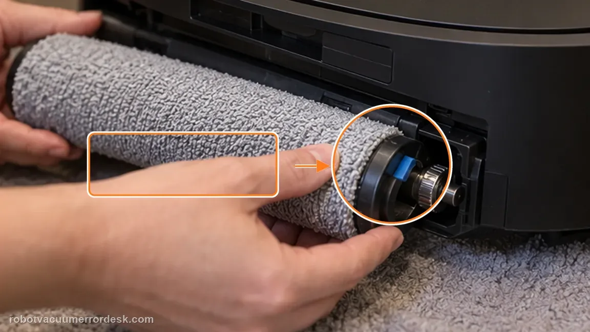 ECOVACS DEEBOT X11 OmniCyclone shown in a close repair view of roller install, matching the reattach the end cover and click the roller into the motor check.