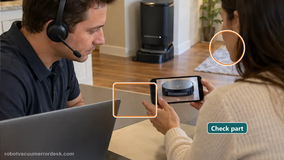 A support professional reviews a phone and robot-vacuum test clip during a handoff; the embedded illustration label reads Check Part.