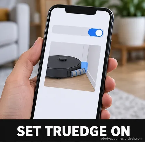 Generic robot vacuum near a wall while a phone shows a simplified feature toggle switched on; the illustration label reads Set TruEdge On.