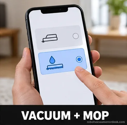 A phone shows a generic robot mop-mode selector with the Vacuum and Mop option highlighted; the illustration label repeats that mode.
