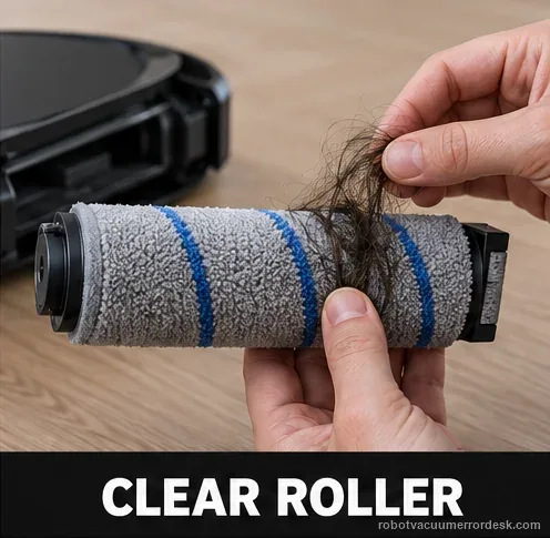 Hands lift loose hair from a removable generic mop roller during a visual debris check; the embedded label reads Clear Roller.