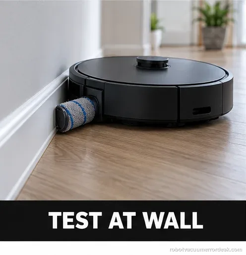 A generic robot with its mop roller extended makes a controlled pass beside a clean wall; the label reads Test at Wall.