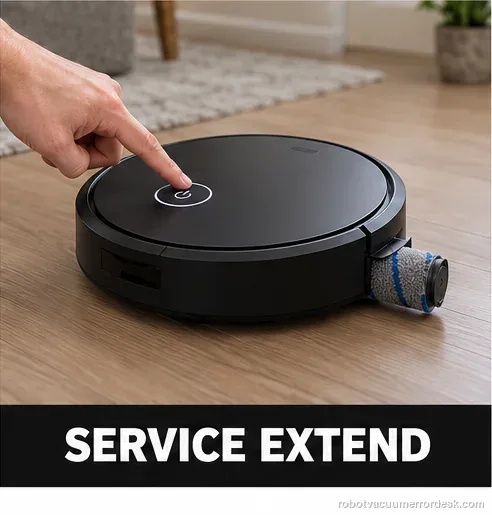 A finger presses the top control on a generic robot with its roller extended for the documented service position; label reads Service Extend.