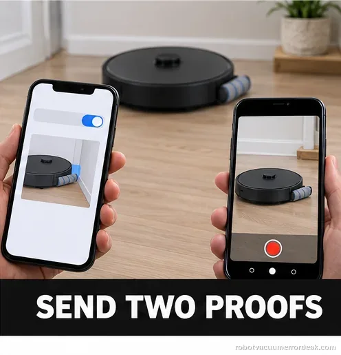 Two phones show a generic settings screen and a recorded robot test beside a wall; the embedded label reads Send Two Proofs.