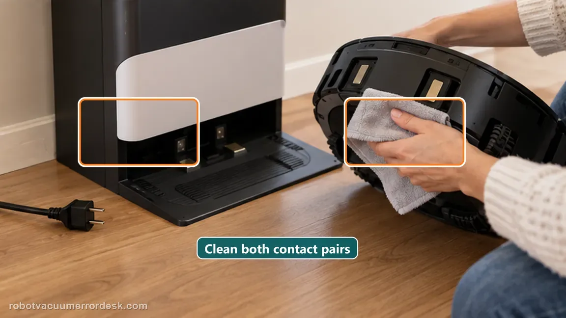ECOVACS DEEBOT X8 Pro Omni is shown with a close repair view of contacts clean, matching the clean both charging-contact pairs without adding liquid to the station check.