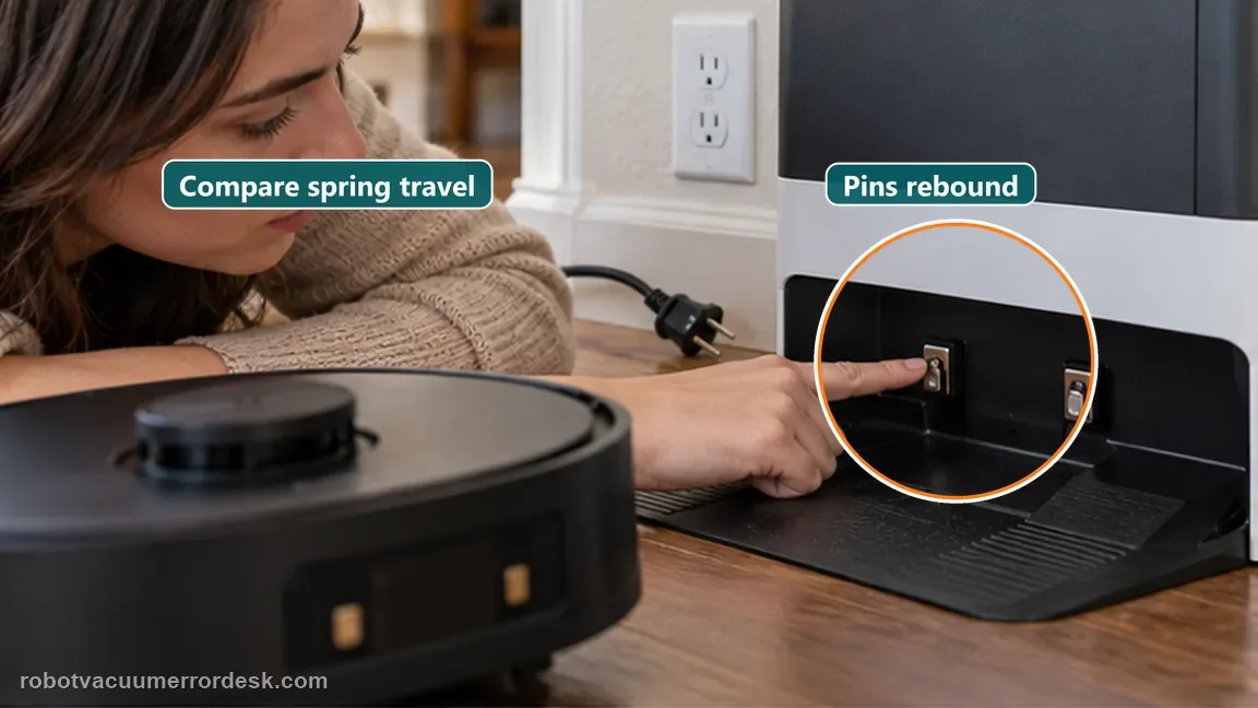ECOVACS DEEBOT X8 Pro Omni is shown with a close repair view of pin rebound, matching the press the station contacts and confirm they rebound freely check.