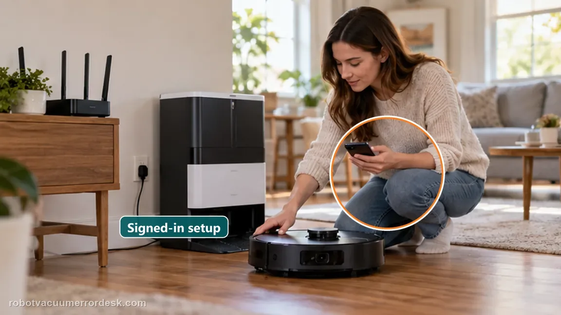 ECOVACS DEEBOT X8 Pro Omni shown in a close repair view of app staging, matching the start with the x8, phone and station in one strong-coverage area check.