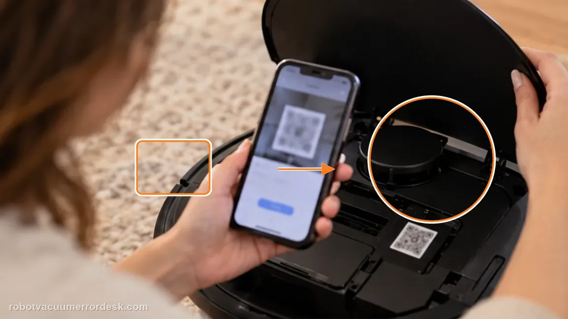 ECOVACS DEEBOT X8 Pro Omni shown in a close repair view of qr s s i d, matching the use the robot qr code and confirm you are provisioning the intended ssid check.