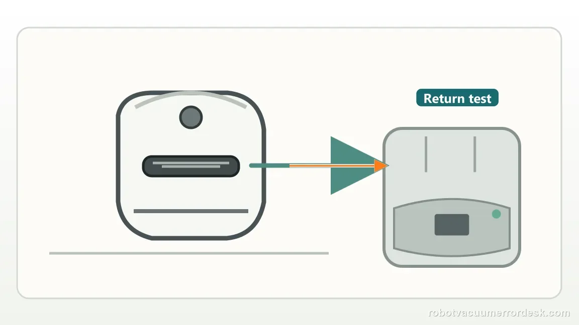 ECOVACS DEEBOT X8 Pro Omni is shown with a close repair view of short return, matching the run a short controlled return from directly in front of the unchanged station check.