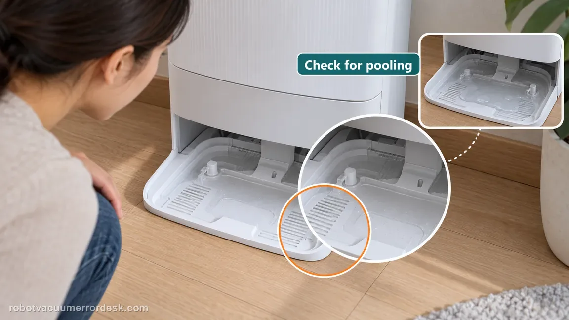 Inspect the tray before removing parts; note whether water is pooled or the tray is mostly dry.