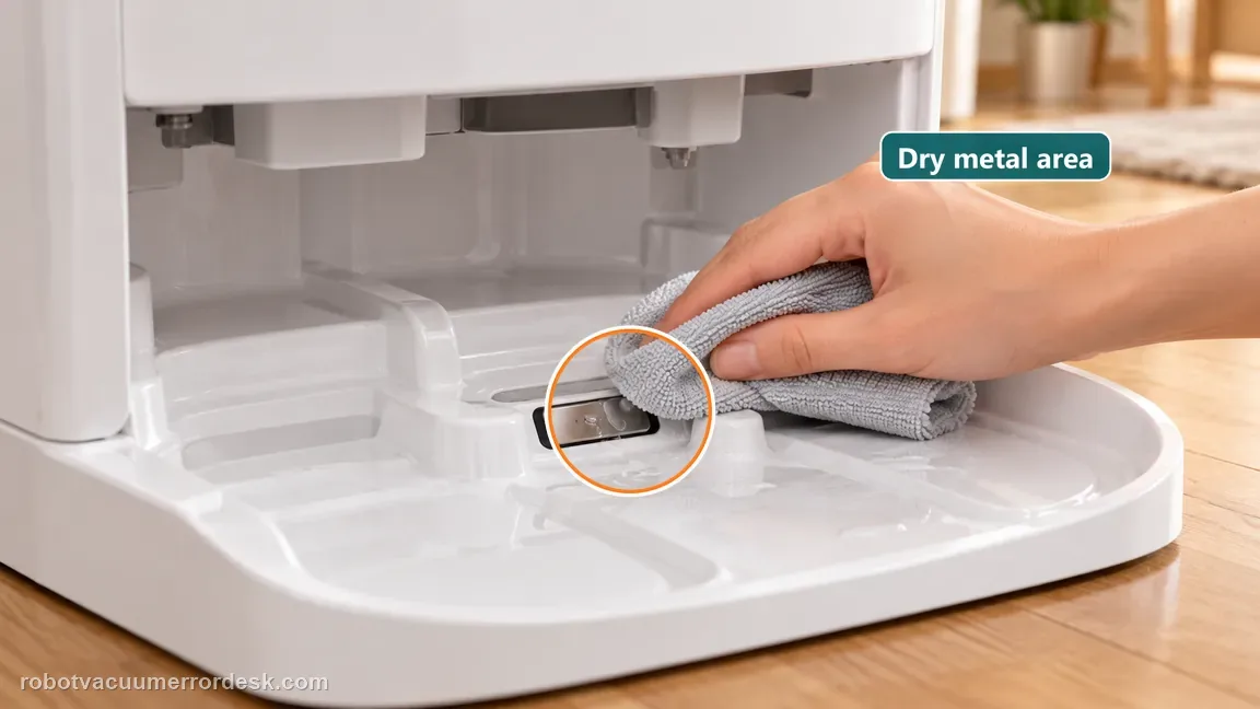 The guidance identifies droplets on the metal detector as a check; wipe the accessible area gently with a soft dry cloth.