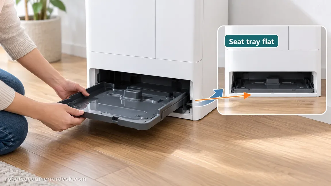Remove and reinstall the tray so it sits flat, clearing only accessible debris that prevents normal seating.