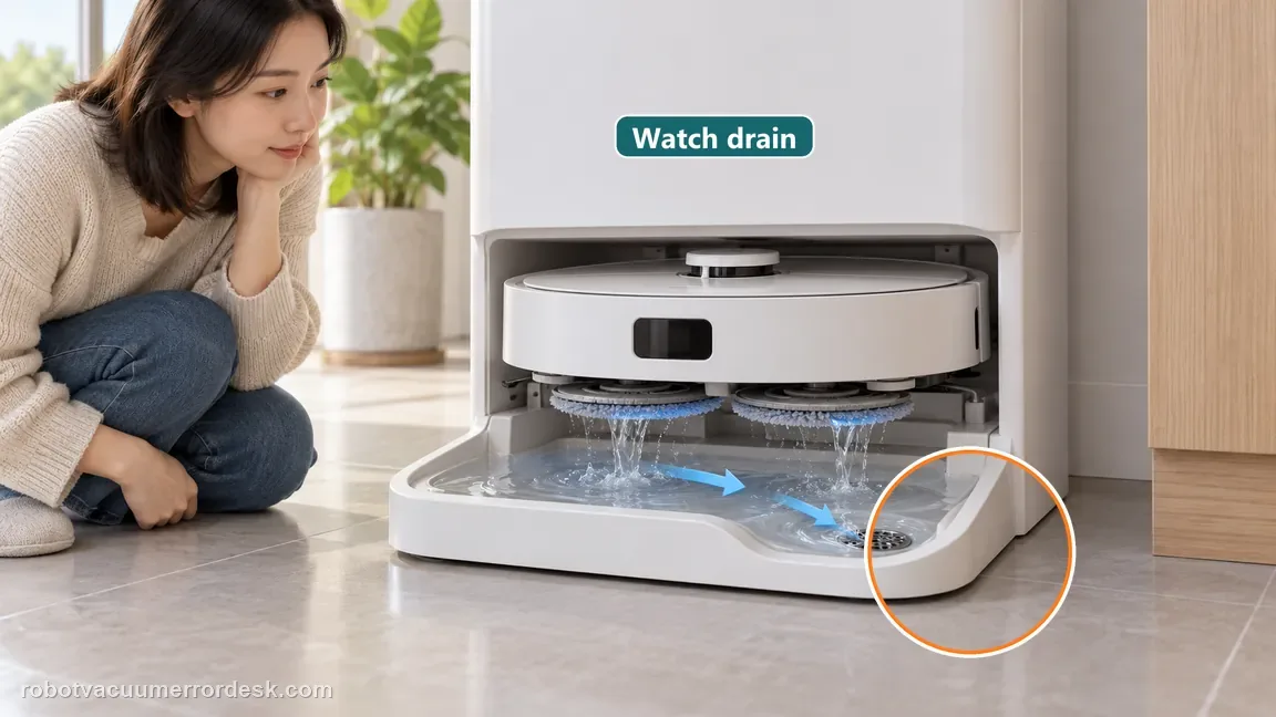 Observe whether water enters and drains, remains pooled, or the alert returns while the tray is dry.