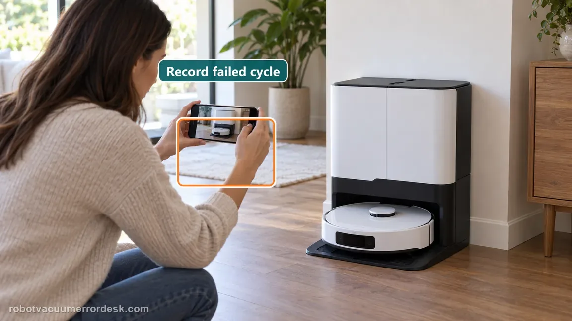 A homeowner records a failed robot mop wash cycle on a phone beside the intact dock and robot.