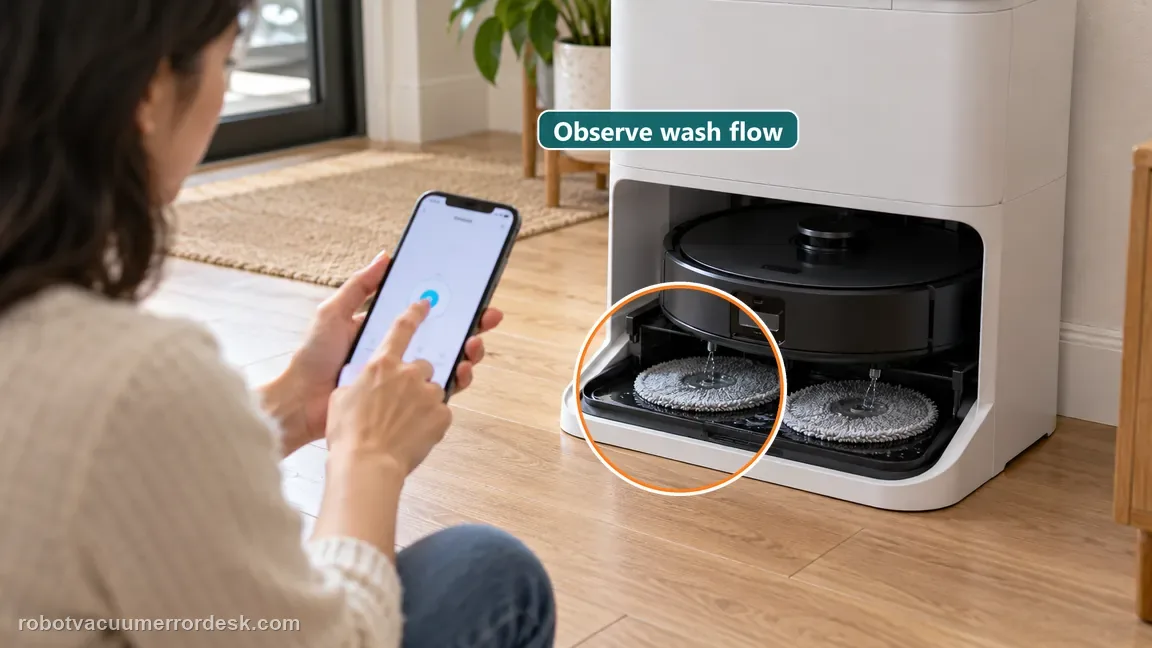 A person starts a mop washing cycle from the phone while the robot sits at its dock with damp mop pads.