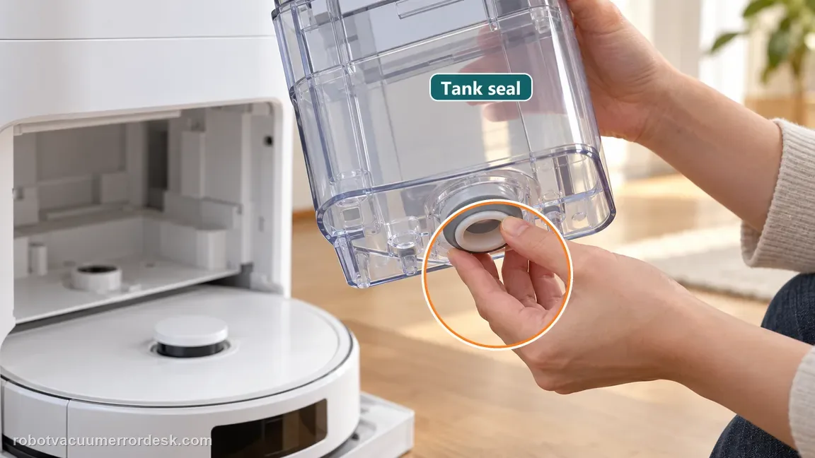 A removable clean water tank is held over its dock while a person checks the tank outlet sealing ring.