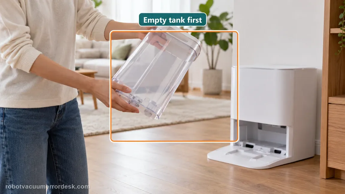 A person holds the clean water tank after removing it from the robot mop station to empty it.