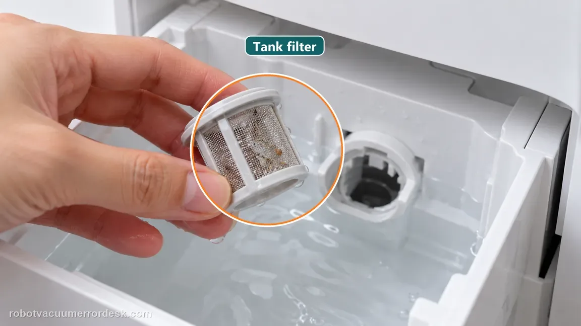 A small mesh clean water tank filter is removed so visible debris can be checked without tools.