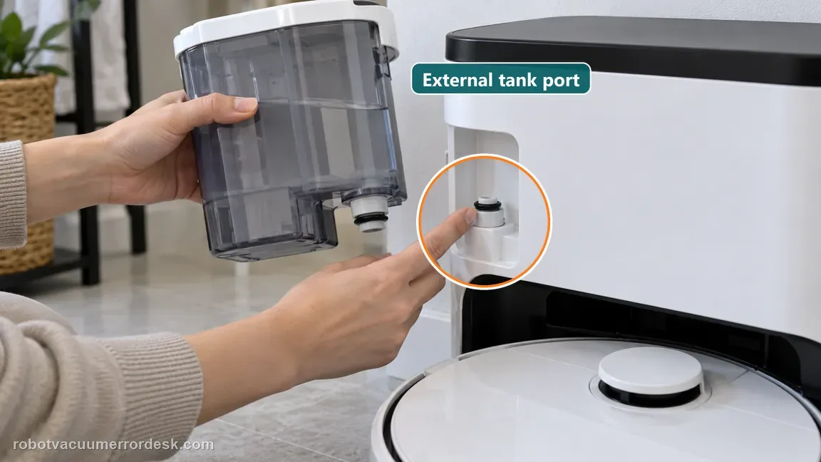 A person checks the external clean water tank connector while the intact station housing stays closed.