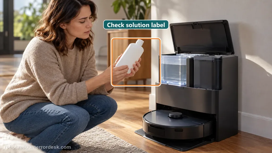 A homeowner checks a cleaning solution bottle beside a robot mop station before using it in the tank.