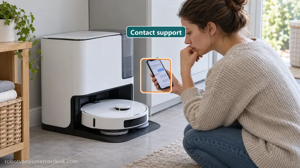 A homeowner contacts support by phone beside the fully assembled robot mop station after external checks.