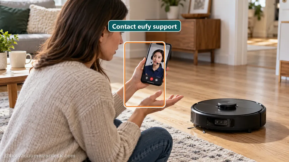 A homeowner contacts eufy support from a phone beside an intact black robot vacuum with no parts removed.
