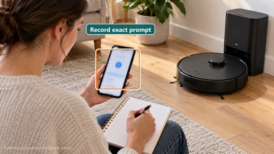 A homeowner notes the robot vacuum voice alert on a phone beside the intact black robot and dock.