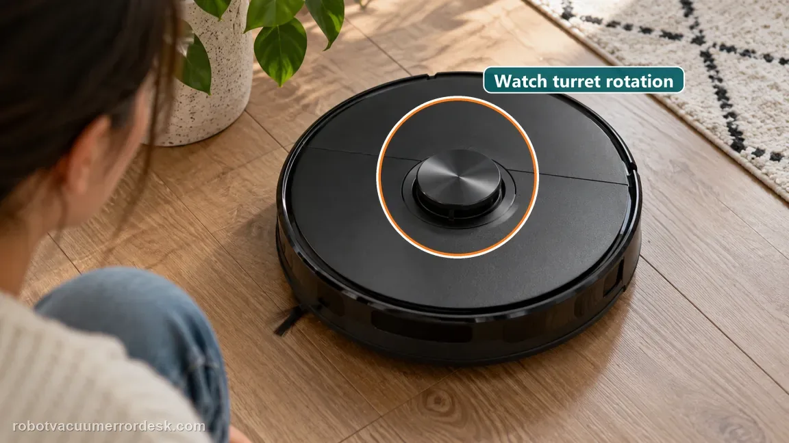 A homeowner watches the raised lidar turret on a black robot vacuum during startup without touching it.