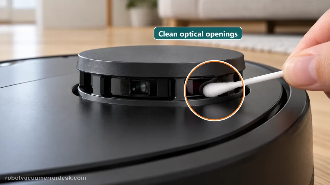 A cotton swab gently cleans a visible optical aperture on the raised lidar turret of a powered-off robot.