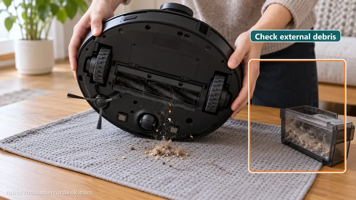 A robot vacuum is carefully inverted on a padded mat with its removable dustbin beside it for an external obstruction check.