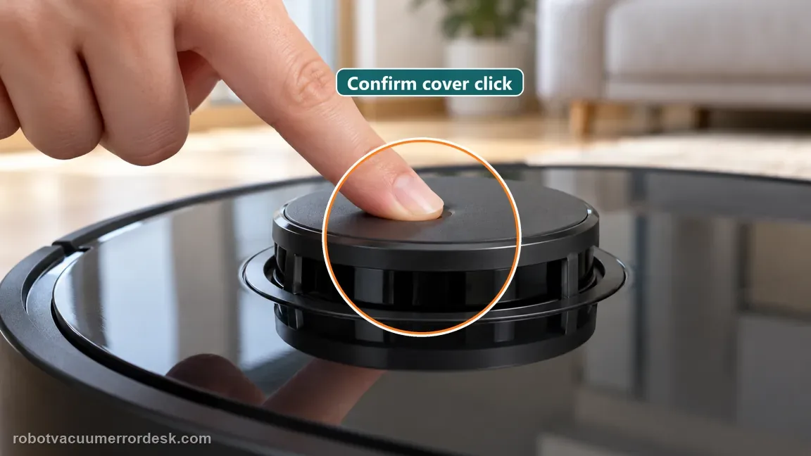 A fingertip gently presses the top cover of a robot vacuum lidar turret to check its click and return.