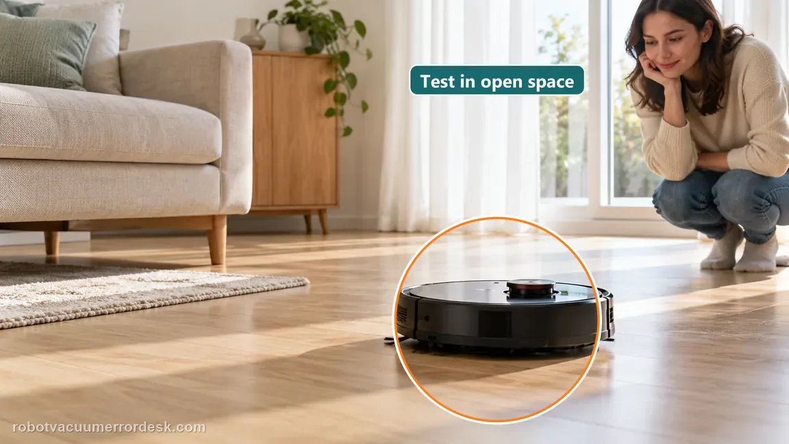 A black robot vacuum is observed on open hard floor away from low furniture during a short route test.