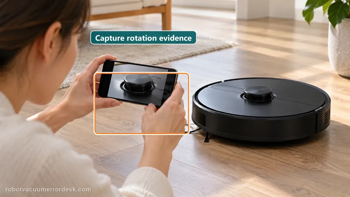A homeowner records the lidar turret on a phone beside the black robot vacuum on open floor.