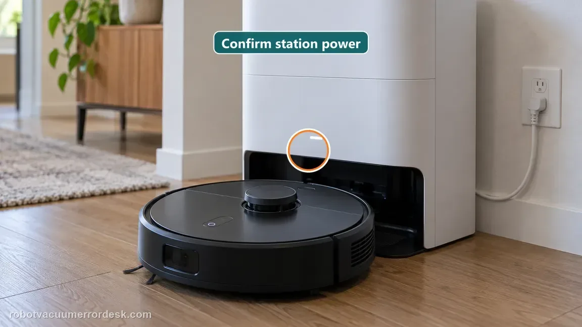 A black robot vacuum sits beside its white station while the station indicator glows and its cord is plugged into the wall.